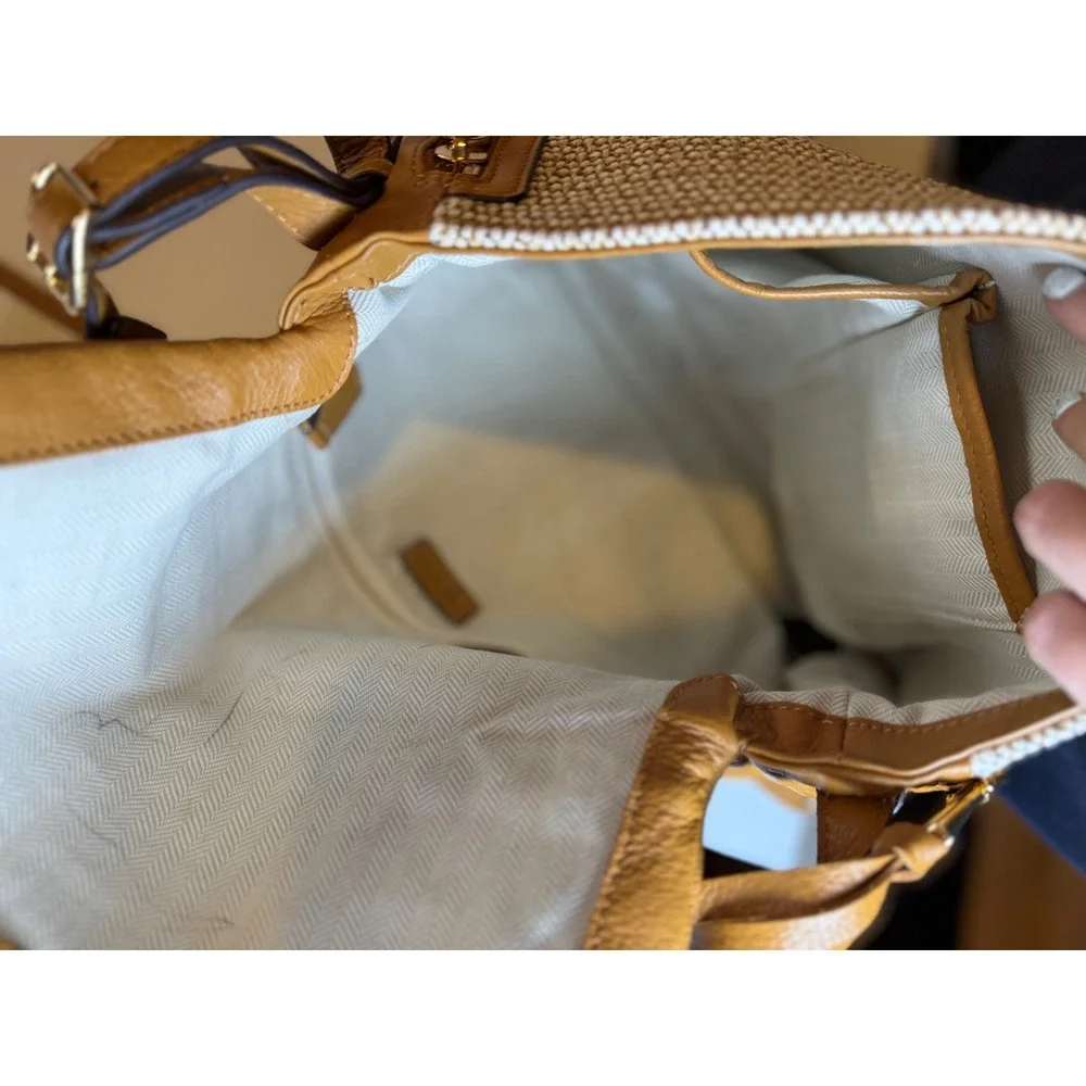 Aimee Kestenberg Bali Double Entry Leather Hobo Bag Raffia Latte Tan Brown OS